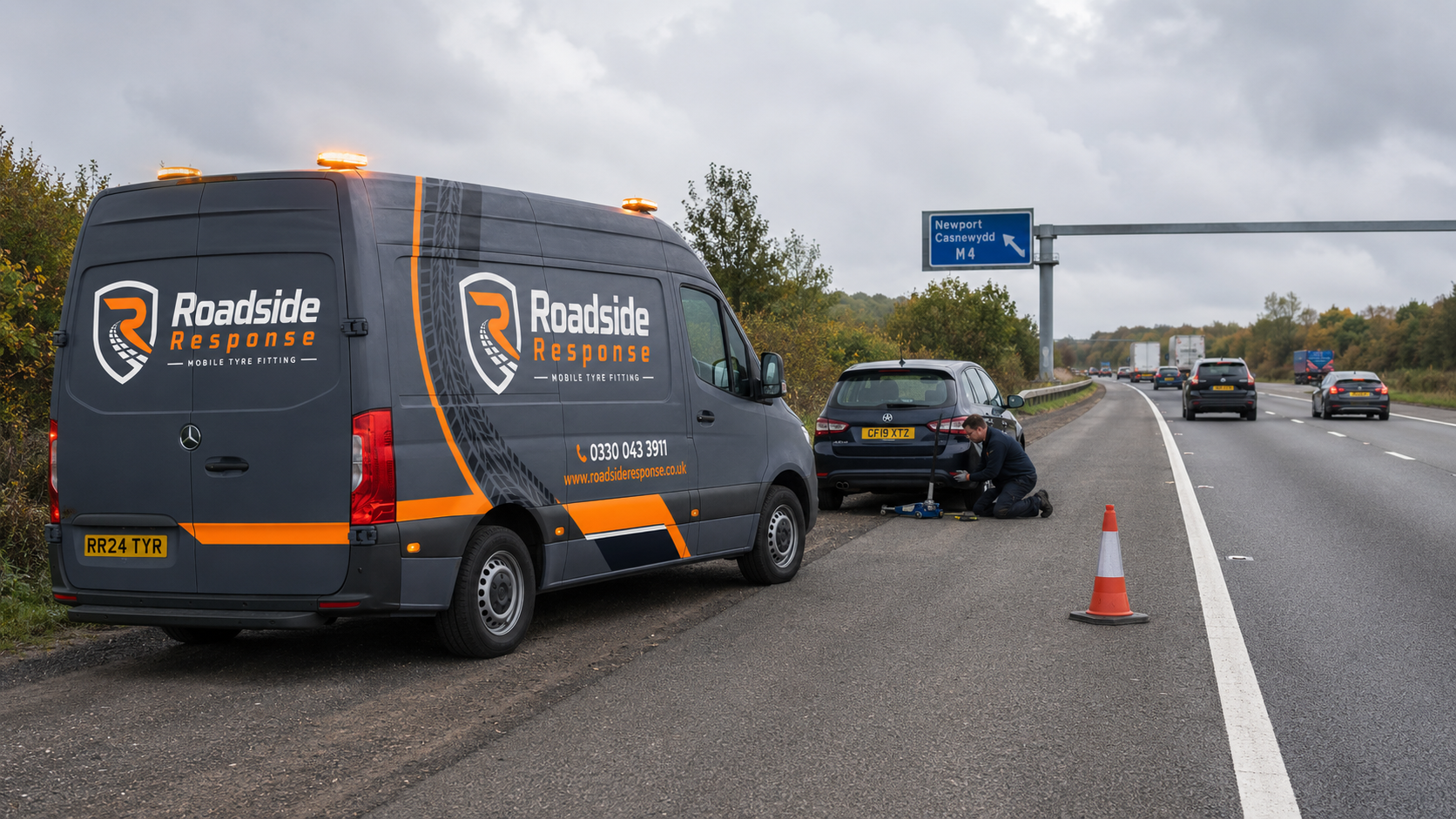 Roadside Response van and engineer assisting a driver on the motorway hard shoulder