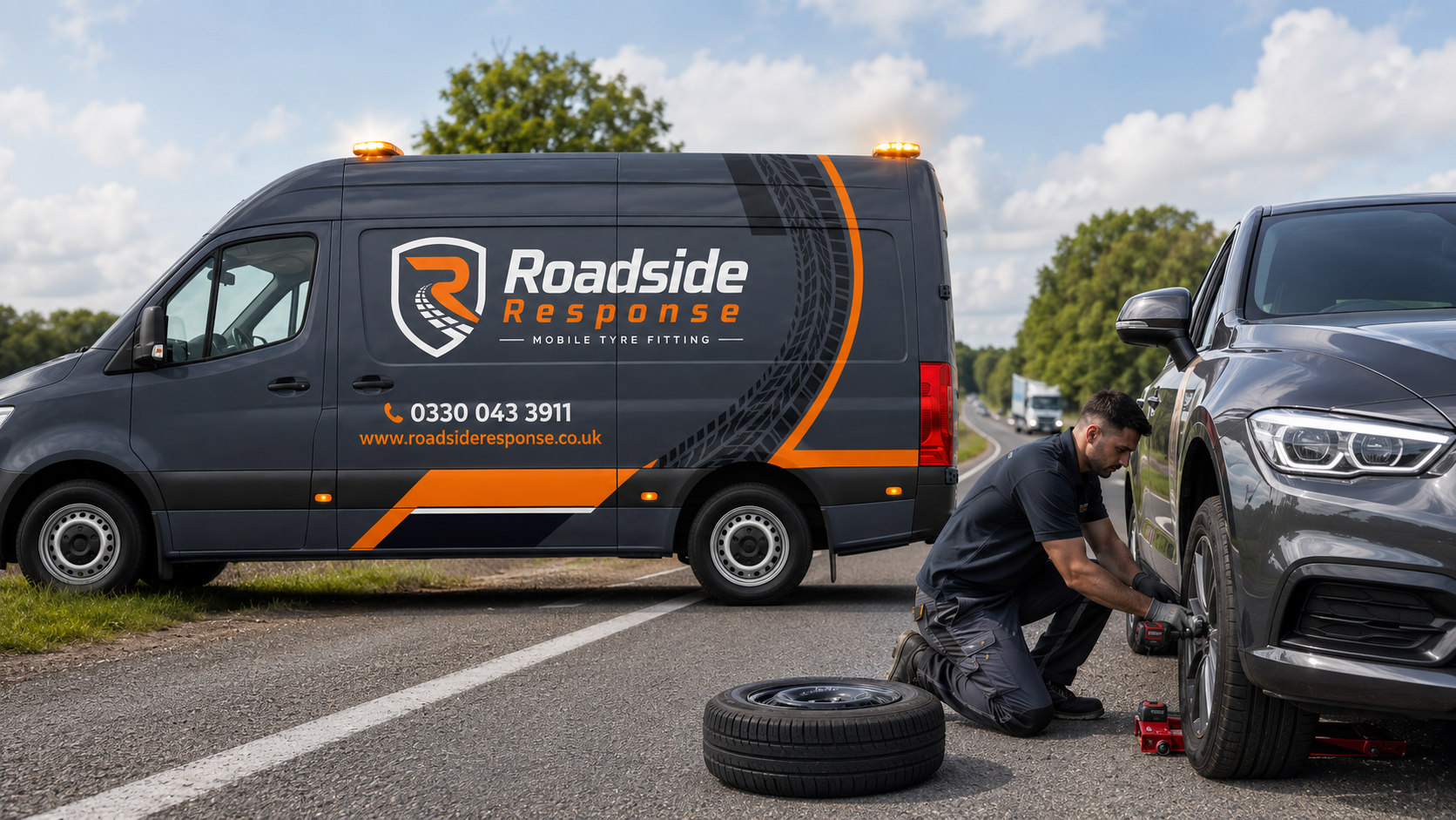 Roadside Response engineer replacing a tyre roadside beside a customer vehicle in daylight